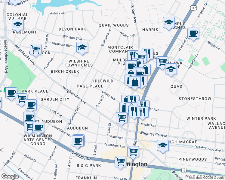 map of restaurants, bars, coffee shops, grocery stores, and more near 4202 Wilshire Boulevard in Wilmington