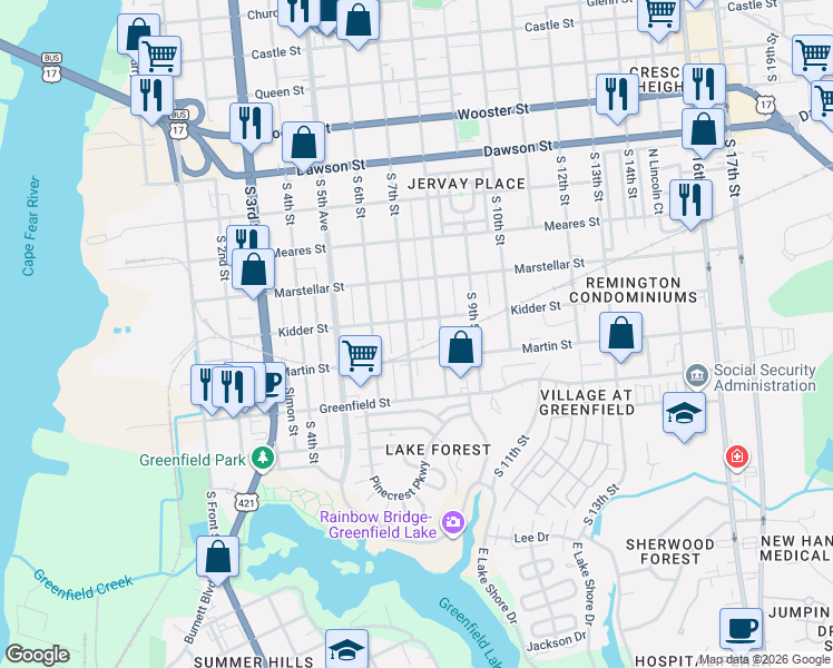 map of restaurants, bars, coffee shops, grocery stores, and more near 1301 South 7th Street in Wilmington
