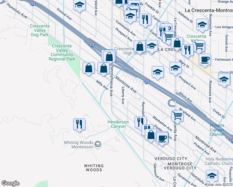 map of restaurants, bars, coffee shops, grocery stores, and more near 3147 Mills Avenue in Glendale