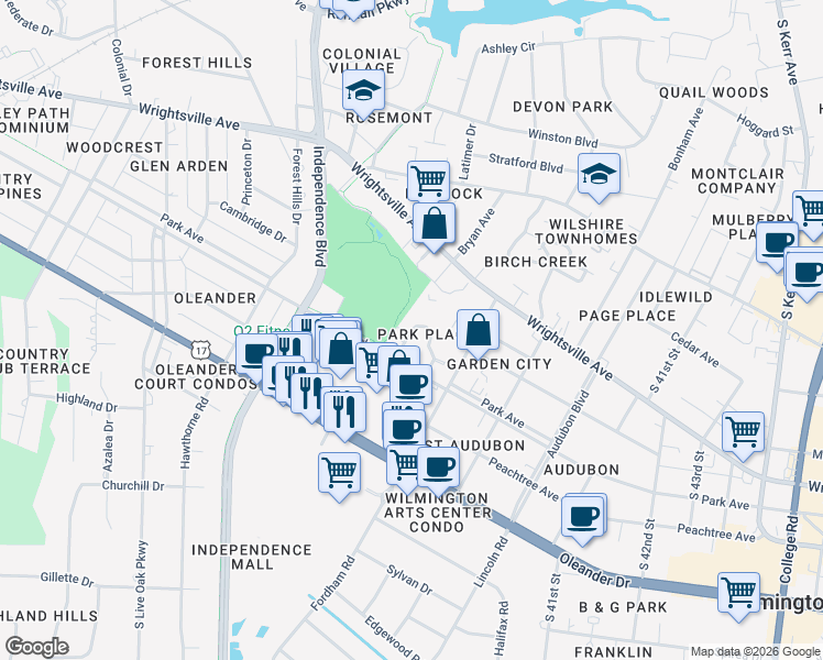 map of restaurants, bars, coffee shops, grocery stores, and more near 3622 Saint Johns Court in Wilmington