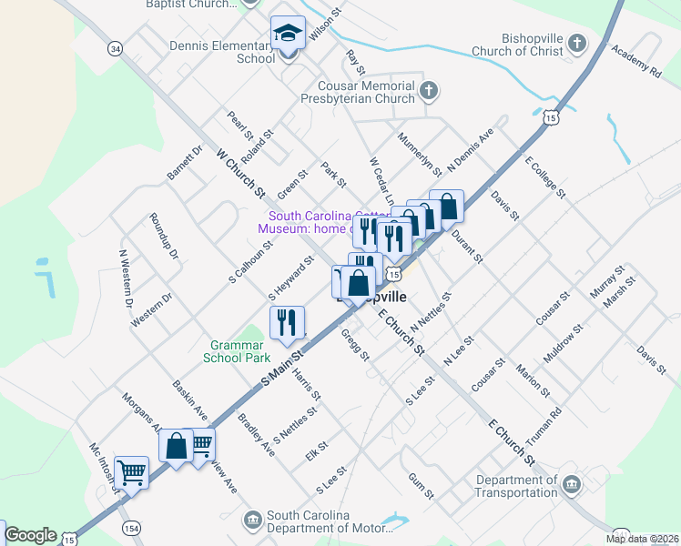 map of restaurants, bars, coffee shops, grocery stores, and more near 112 South Dennis Avenue in Bishopville