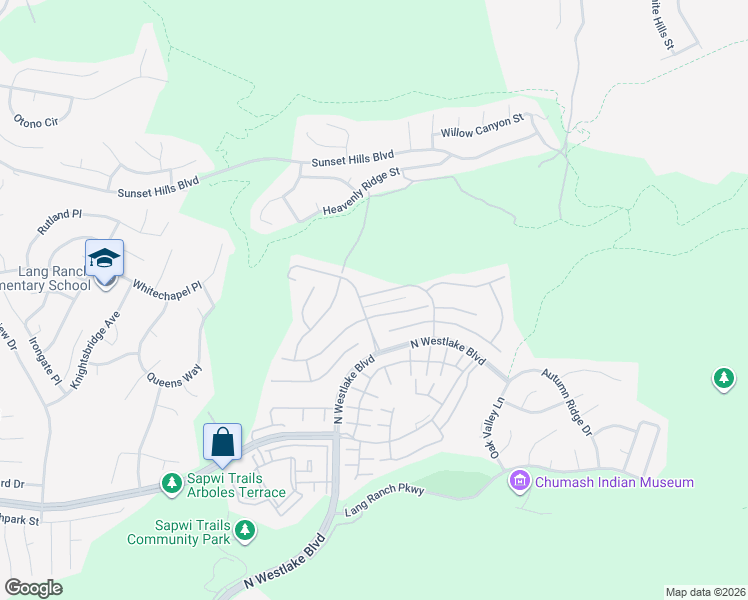 map of restaurants, bars, coffee shops, grocery stores, and more near 3030 Hollycrest Avenue in Thousand Oaks