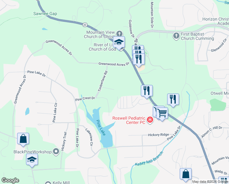 map of restaurants, bars, coffee shops, grocery stores, and more near 103 Greenwood Lane in Cumming