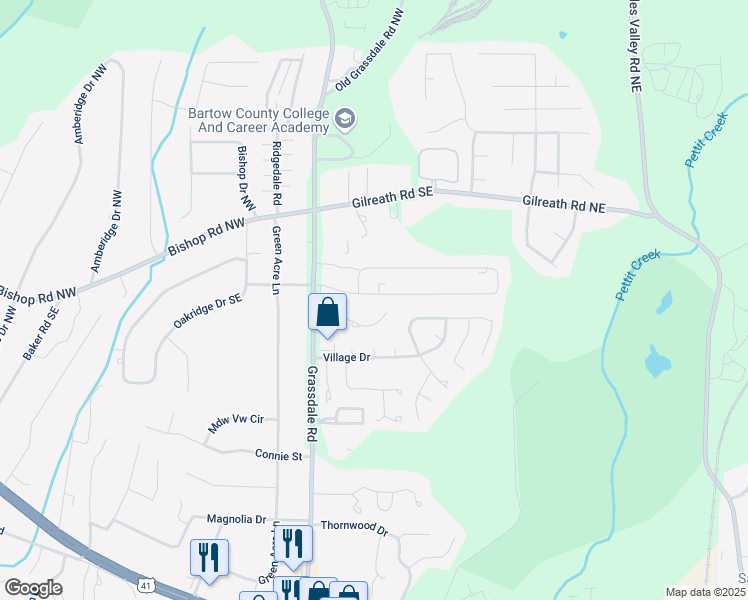 map of restaurants, bars, coffee shops, grocery stores, and more near 106 Evergreen Trail Southeast in Cartersville