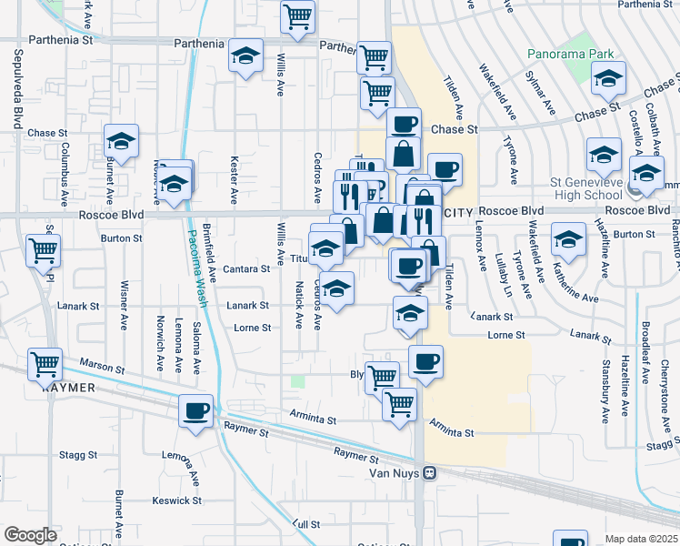 map of restaurants, bars, coffee shops, grocery stores, and more near 8150 Cedros Avenue in Los Angeles