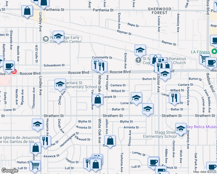 map of restaurants, bars, coffee shops, grocery stores, and more near 8201 Jellico Avenue in Los Angeles