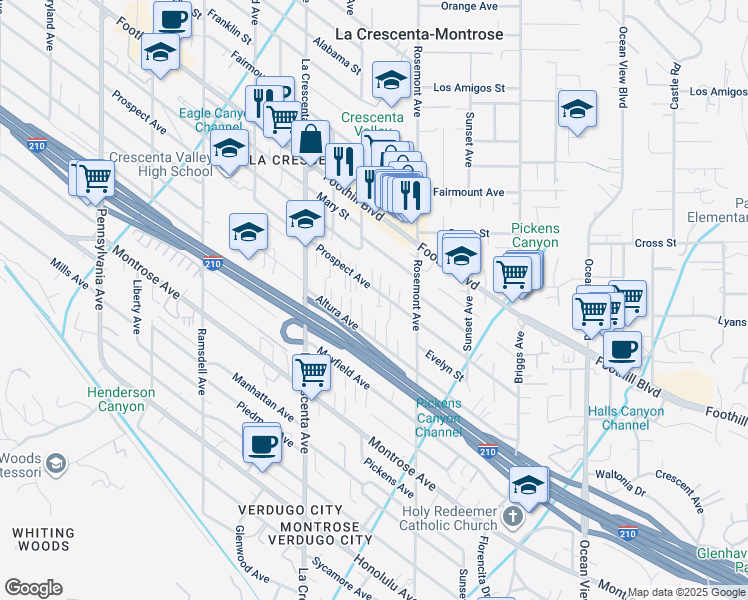 map of restaurants, bars, coffee shops, grocery stores, and more near 2646 Prospect Avenue in La Crescenta-Montrose