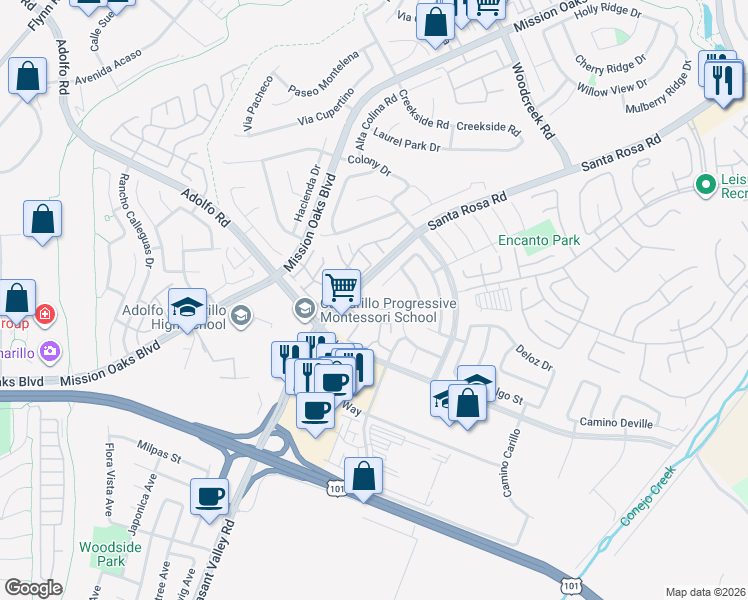 map of restaurants, bars, coffee shops, grocery stores, and more near 5059 Via Calderon in Camarillo