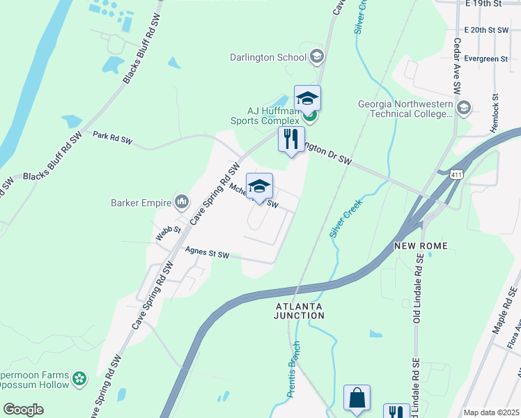 map of restaurants, bars, coffee shops, grocery stores, and more near 100 Mchenry Drive Southwest in Rome