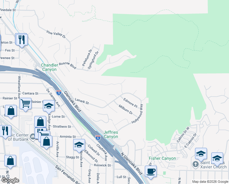 map of restaurants, bars, coffee shops, grocery stores, and more near 10017 Benares Place in Los Angeles