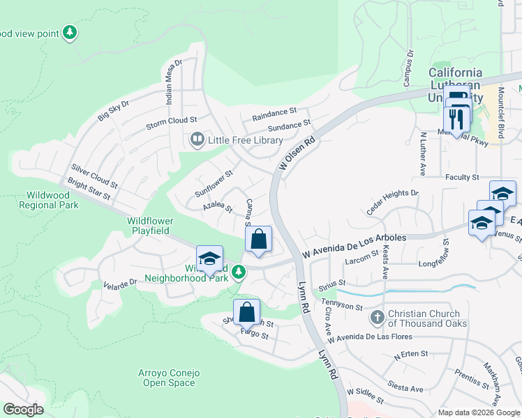 map of restaurants, bars, coffee shops, grocery stores, and more near 497 Azalea Street in Thousand Oaks