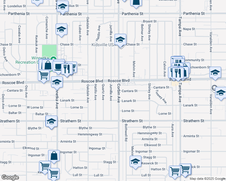map of restaurants, bars, coffee shops, grocery stores, and more near 8238 Jumilla Avenue in Los Angeles