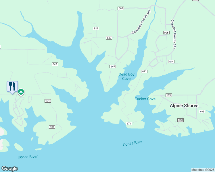 map of restaurants, bars, coffee shops, grocery stores, and more near 65 Cherokee County 667 in Cedar Bluff