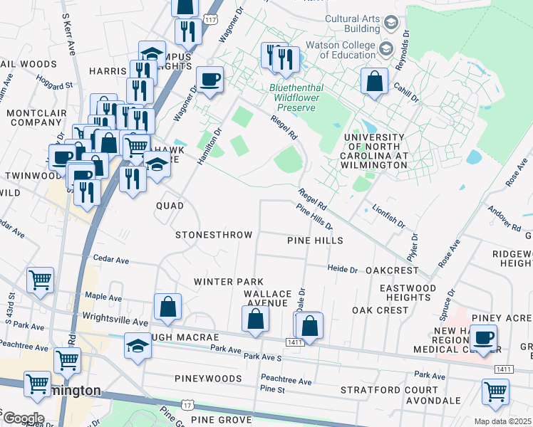 map of restaurants, bars, coffee shops, grocery stores, and more near 316 North Wallace Avenue in Wilmington