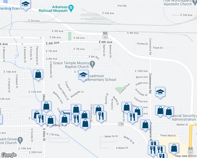 map of restaurants, bars, coffee shops, grocery stores, and more near 1108 Bloomfield Drive in Pine Bluff