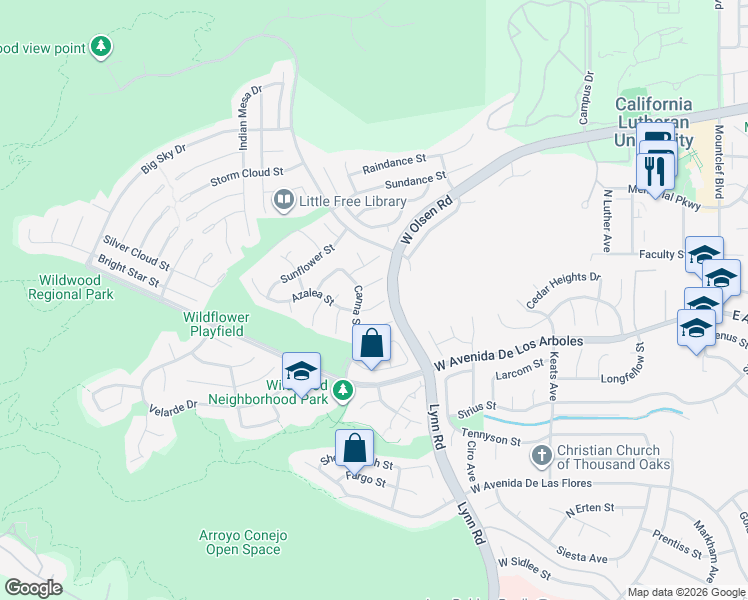 map of restaurants, bars, coffee shops, grocery stores, and more near 497 Azalea Street in Thousand Oaks