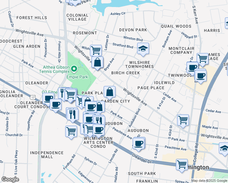 map of restaurants, bars, coffee shops, grocery stores, and more near 1119 Floral Parkway in Wilmington