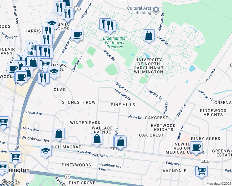 map of restaurants, bars, coffee shops, grocery stores, and more near 405 Pine Hills Drive in Wilmington