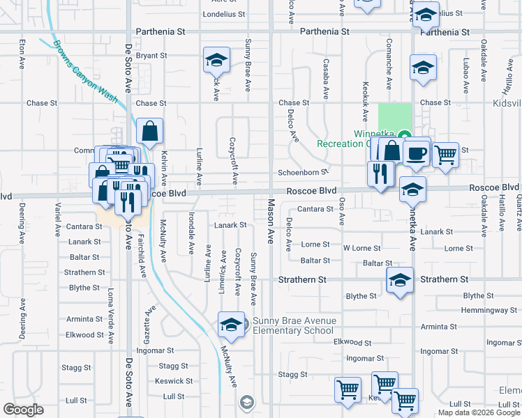 map of restaurants, bars, coffee shops, grocery stores, and more near 8231 Mason Avenue in Los Angeles