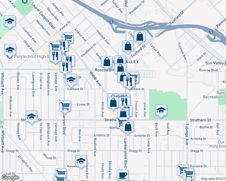 map of restaurants, bars, coffee shops, grocery stores, and more near 8201 Lankershim Blvd in North Hollywood