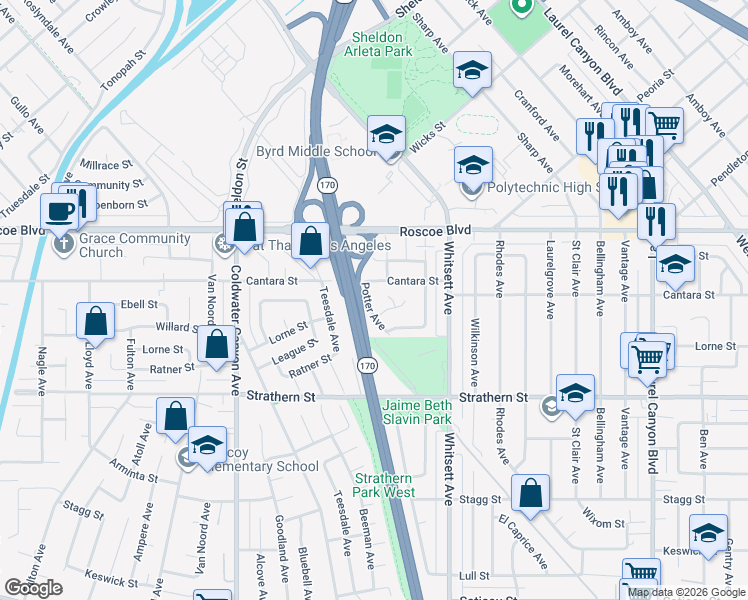 map of restaurants, bars, coffee shops, grocery stores, and more near 8160 Potter Avenue in Los Angeles