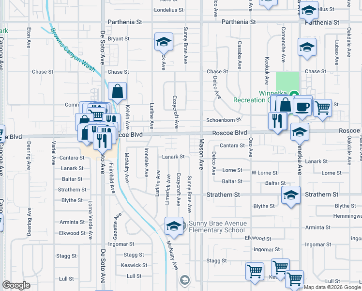 map of restaurants, bars, coffee shops, grocery stores, and more near 20550 Roscoe Boulevard in Los Angeles