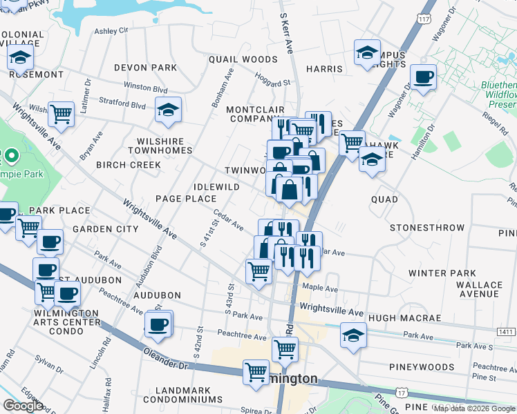 map of restaurants, bars, coffee shops, grocery stores, and more near 4202 Wilshire Boulevard in Wilmington
