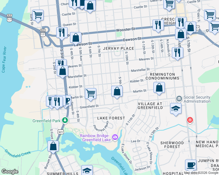 map of restaurants, bars, coffee shops, grocery stores, and more near 1225 South 8th Street in Wilmington