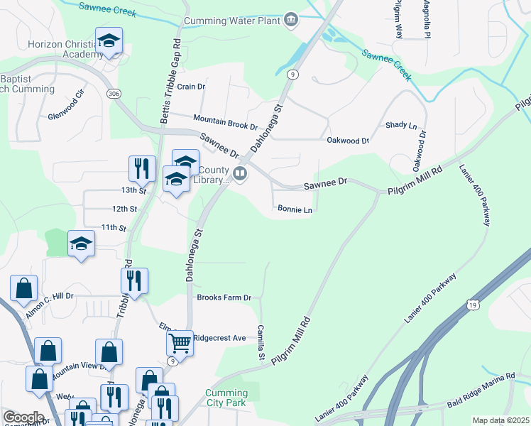 map of restaurants, bars, coffee shops, grocery stores, and more near 111 Charles Place in Cumming