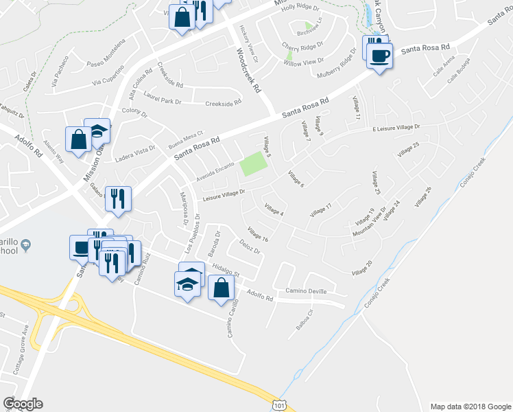 map of restaurants, bars, coffee shops, grocery stores, and more near Village Drive in Camarillo