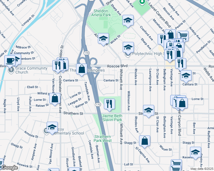 map of restaurants, bars, coffee shops, grocery stores, and more near 12561 Willard Street in Los Angeles