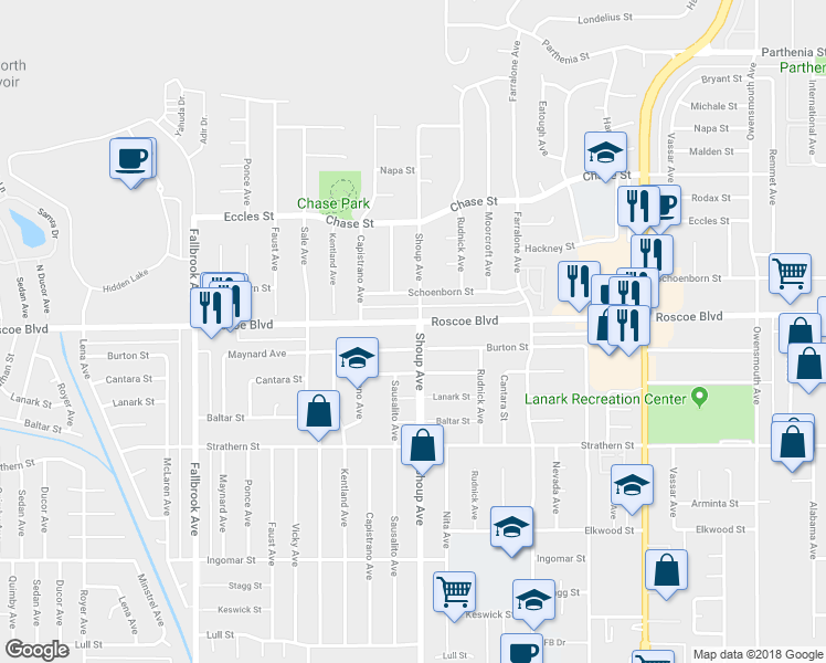map of restaurants, bars, coffee shops, grocery stores, and more near 8245 Shoup Avenue in Los Angeles