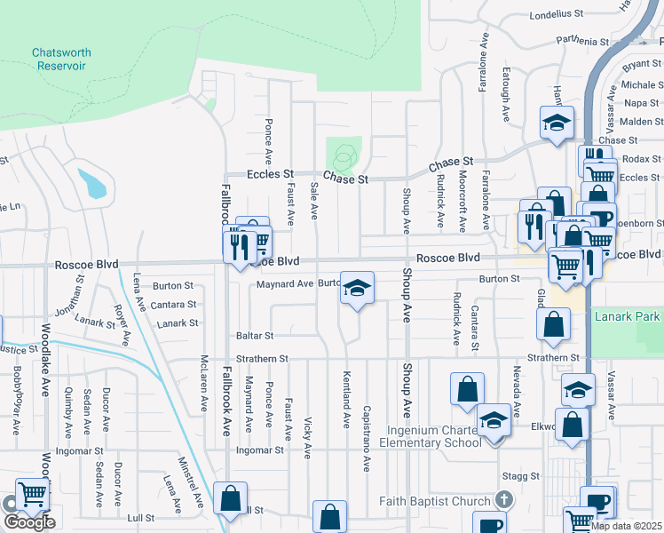map of restaurants, bars, coffee shops, grocery stores, and more near 22540 Roscoe Boulevard in Los Angeles