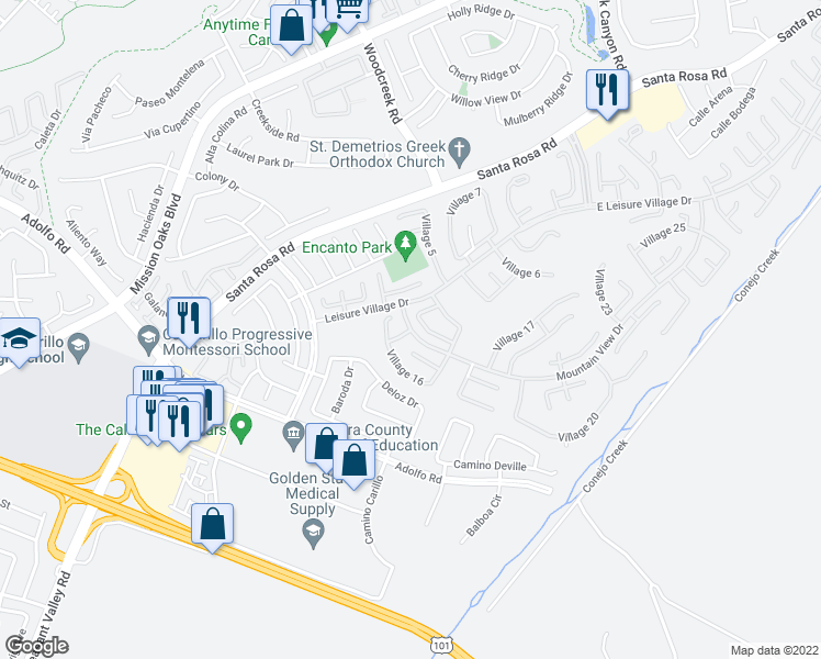 map of restaurants, bars, coffee shops, grocery stores, and more near 15313 Village Drive in Camarillo