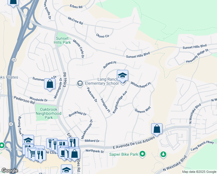 map of restaurants, bars, coffee shops, grocery stores, and more near 2324 Solway Court in Thousand Oaks