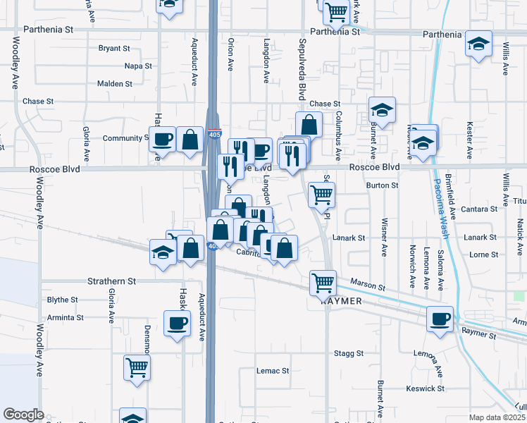 map of restaurants, bars, coffee shops, grocery stores, and more near 8155 Langdon Avenue in Los Angeles