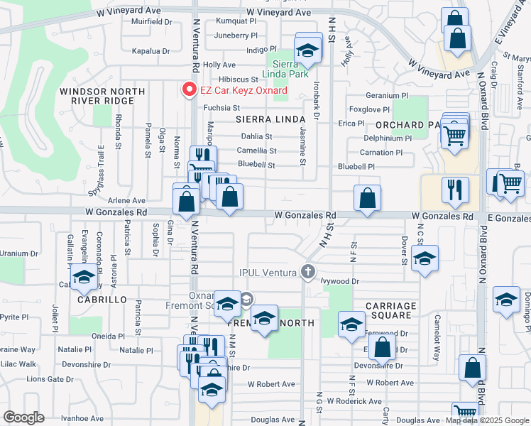 map of restaurants, bars, coffee shops, grocery stores, and more near W Gonzales Rd & Lantana St in Oxnard