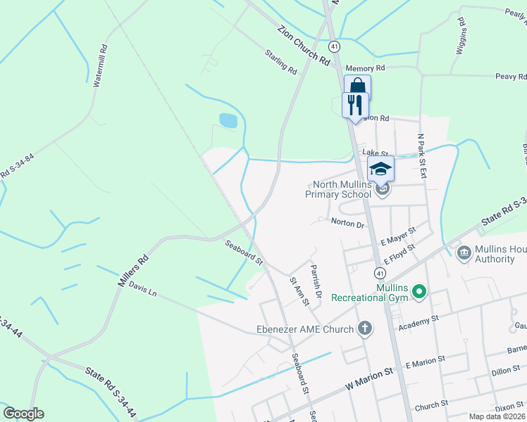 map of restaurants, bars, coffee shops, grocery stores, and more near 1321 State Road S-34-757 in Mullins