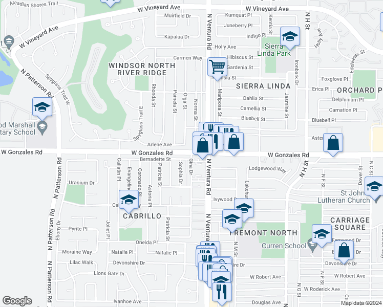 map of restaurants, bars, coffee shops, grocery stores, and more near W Gonzales Rd & Gina Dr in Oxnard