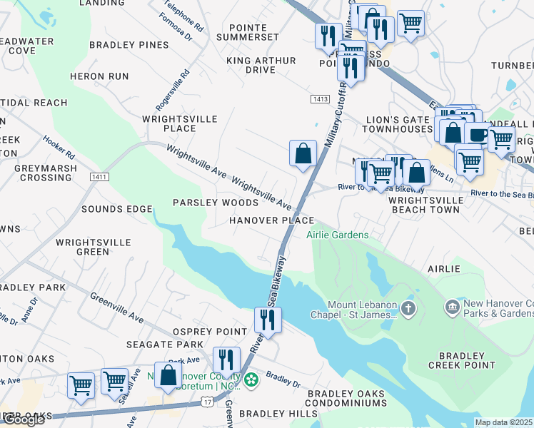 map of restaurants, bars, coffee shops, grocery stores, and more near 6328 Wrightsville Avenue in Wilmington