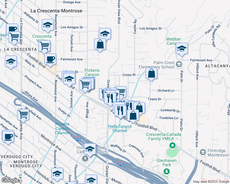map of restaurants, bars, coffee shops, grocery stores, and more near 4621 Rockland Place in La Cañada Flintridge