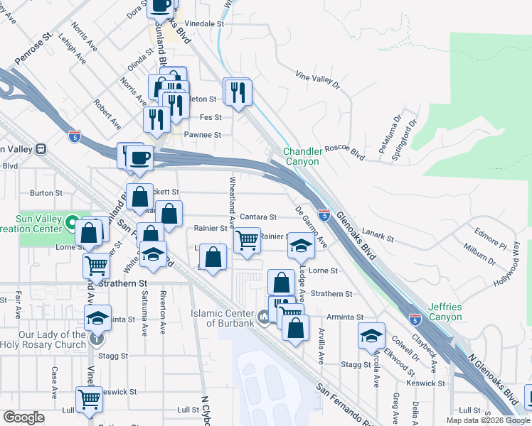 map of restaurants, bars, coffee shops, grocery stores, and more near 10501 Cantara Street in Los Angeles