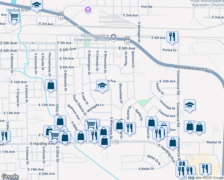 map of restaurants, bars, coffee shops, grocery stores, and more near 1101 South Wisconsin Street in Pine Bluff