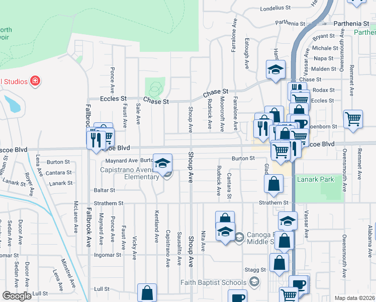 map of restaurants, bars, coffee shops, grocery stores, and more near 8245 Shoup Avenue in Los Angeles