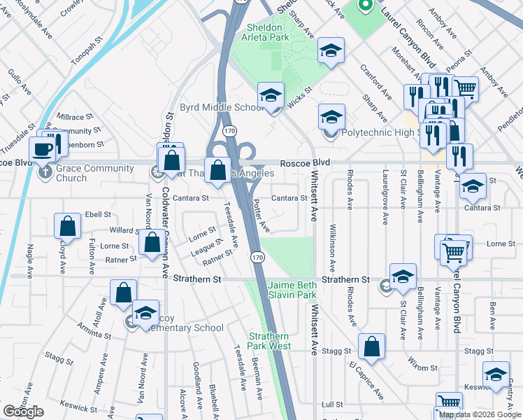 map of restaurants, bars, coffee shops, grocery stores, and more near 8160 Potter Avenue in Los Angeles