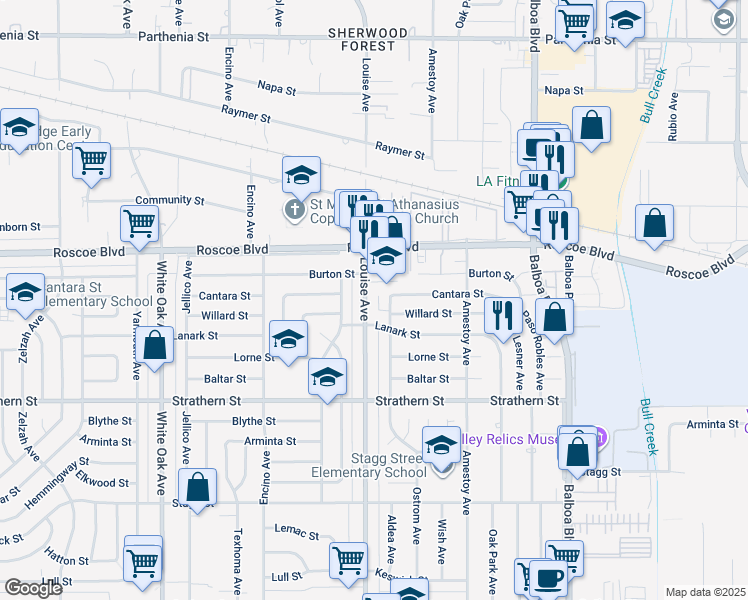 map of restaurants, bars, coffee shops, grocery stores, and more near 8173 Aldea Avenue in Los Angeles