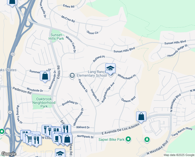 map of restaurants, bars, coffee shops, grocery stores, and more near 2324 Solway Court in Thousand Oaks
