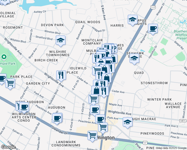 map of restaurants, bars, coffee shops, grocery stores, and more near 4202 Wilshire Boulevard in Wilmington