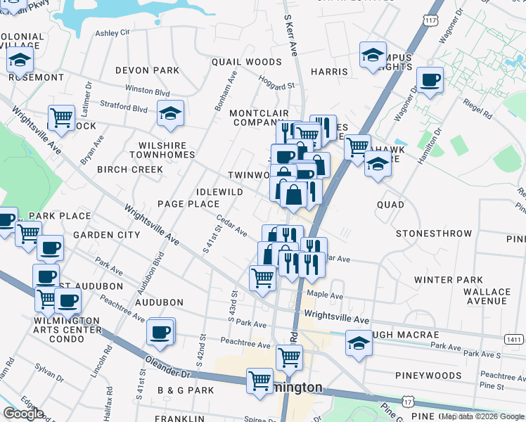 map of restaurants, bars, coffee shops, grocery stores, and more near 4202 Wilshire Boulevard in Wilmington