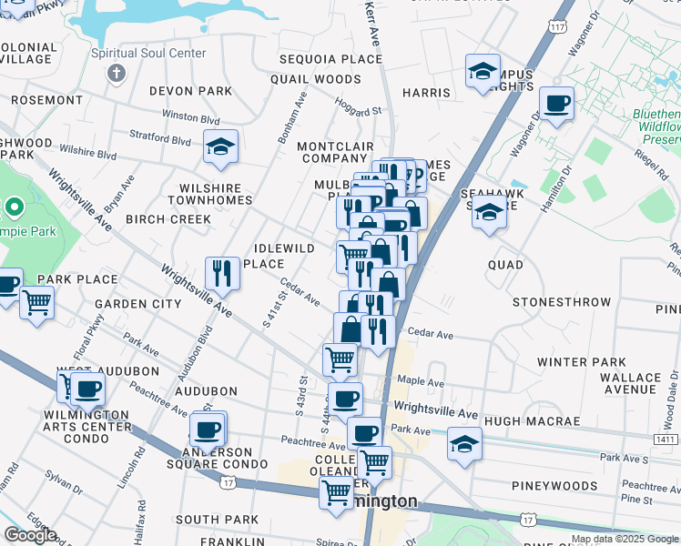 map of restaurants, bars, coffee shops, grocery stores, and more near 4210 Wilshire Boulevard in Wilmington